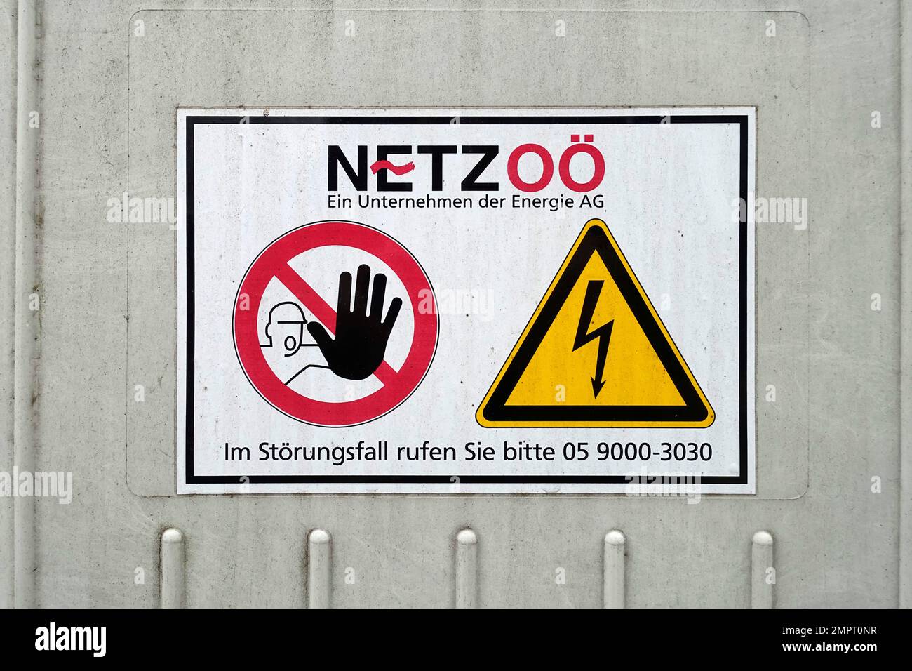 Energie AG Oberösterreich, Sticker public ground, Netz OÖ, Bad Schallerbach, Österreich Stockfoto