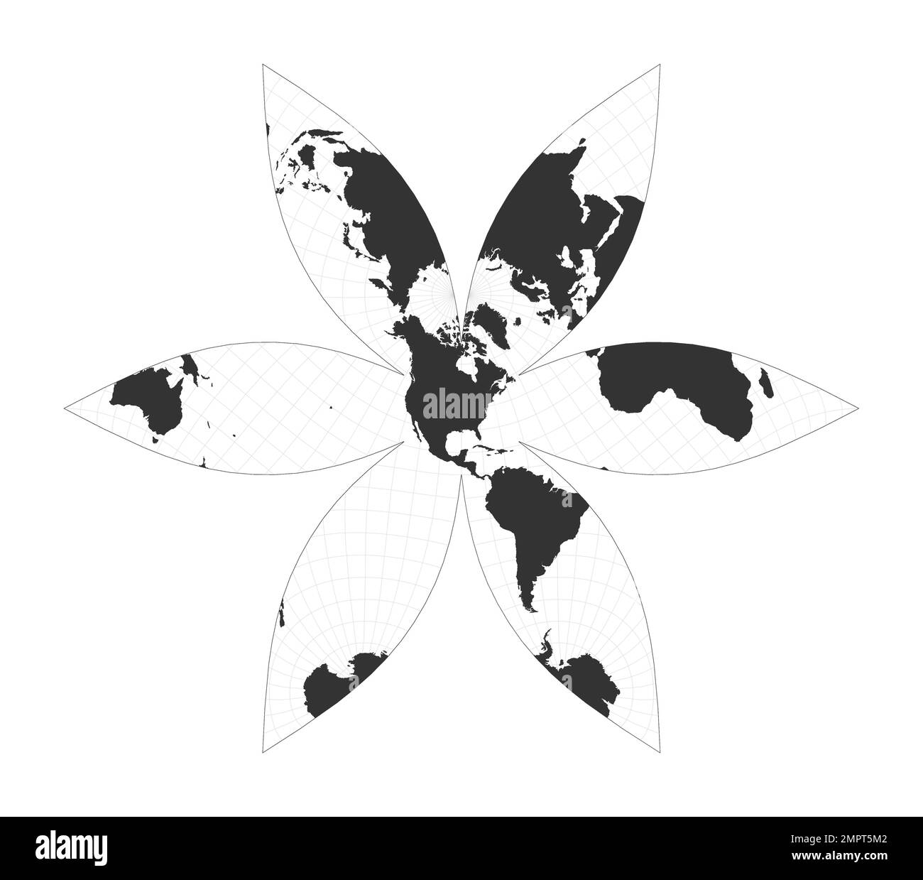 Weltkarte. Die US-zentrierte Gingery-Weltsprojektion. Globus mit Breiten- und Längengraden. Weltkarte über Meridiane und Parallelen im Hintergrund. V Stock Vektor