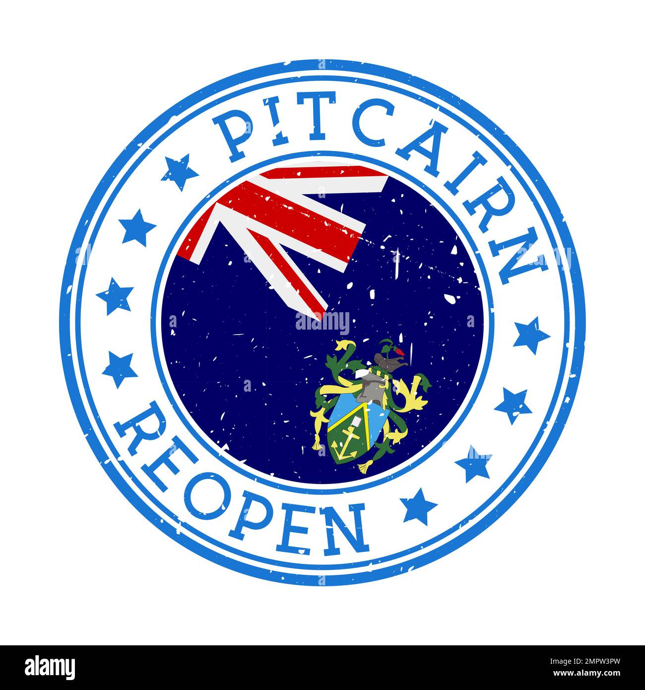 Pitcairn Wird Wieder Geöffnet. Rundes Abzeichen des Landes mit der Flagge von Pitcairn. Wiederöffnung nach Lockdown-Zeichen. Vektordarstellung. Stock Vektor