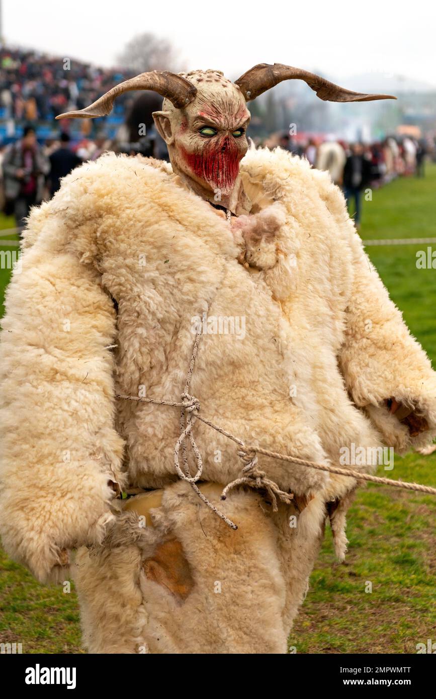 Cosplay-Teilnehmer in einem unheimlichen Monster-Kostüm beim jährlichen Simitlia Winter Festival in Simitli, Blagoevgrad County, Bulgarien, Osteuropa, EU Stockfoto