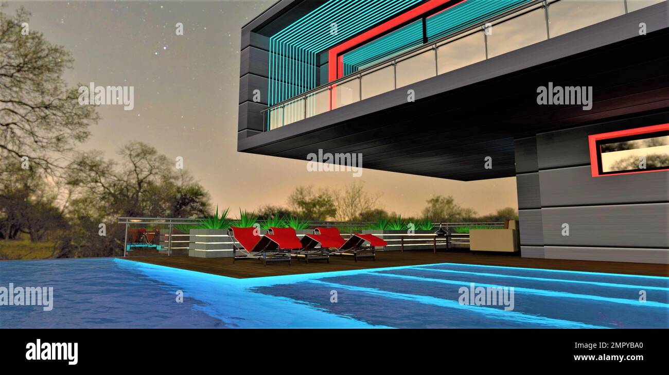 Ein fantastischer Sternenabend in der Nähe des Swimmingpools auf dem Dach der umweltfreundlichen Hütte. Ein beleuchteter Balkon mit Glaszaun befindet sich darüber. 3D-Rendering. Stockfoto