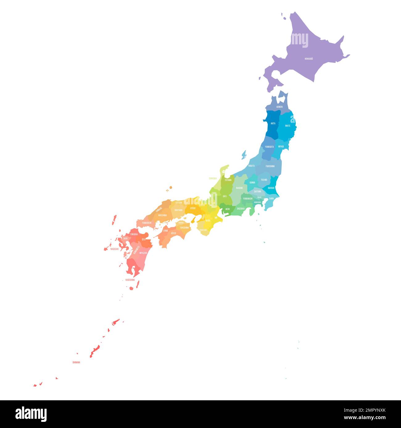 Politische Karte der Verwaltungseinheiten Japans - Präfekturen, Metropilis Tokio, Territorium Hokaido und städtische Präfekturen Kyoto und Osaka. Farbenfroher rai Stock Vektor