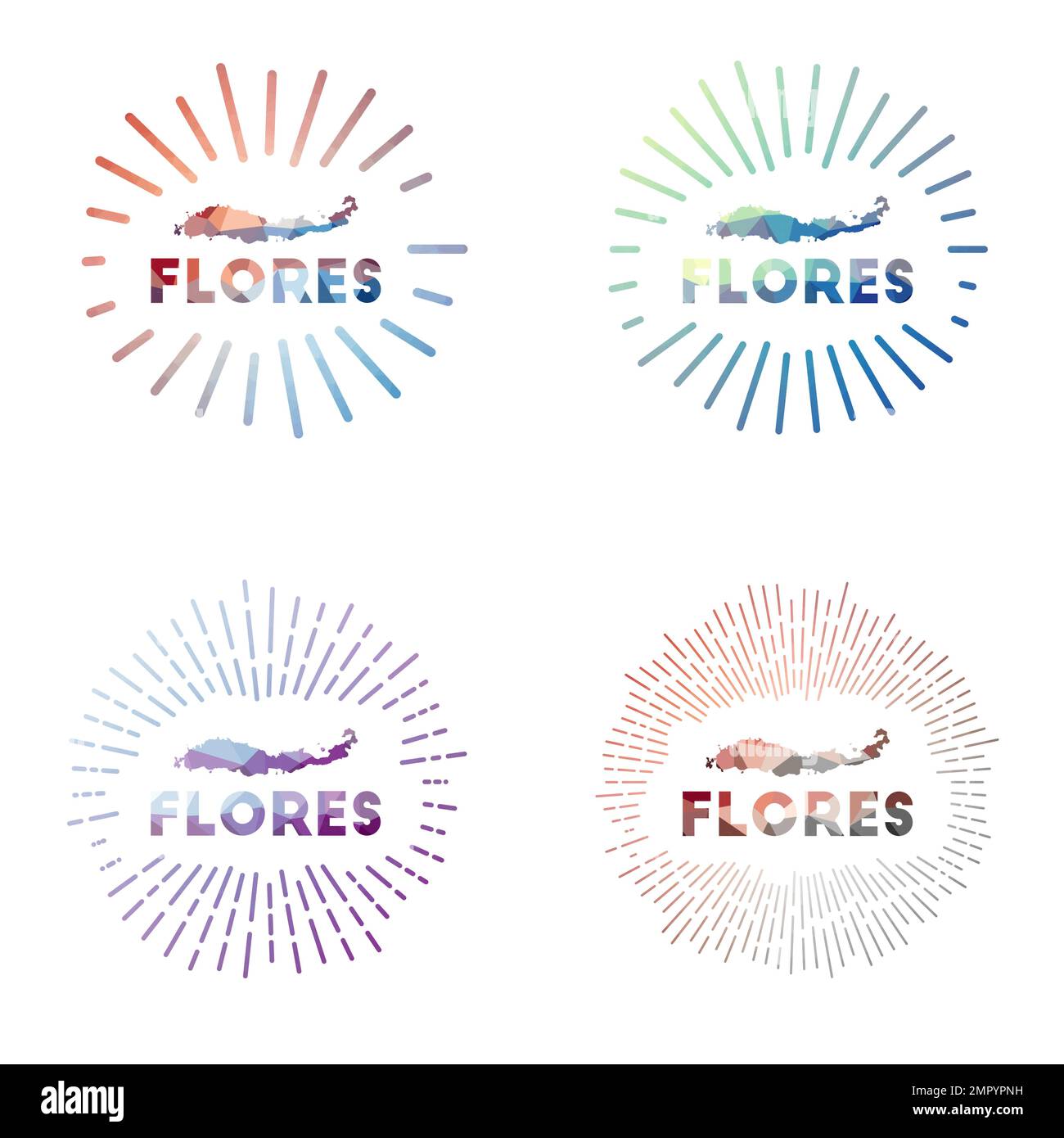 Flores Low Poly Sunburst Set. Logo der Insel im geometrischen Polygonstil. Vektordarstellung. Stock Vektor
