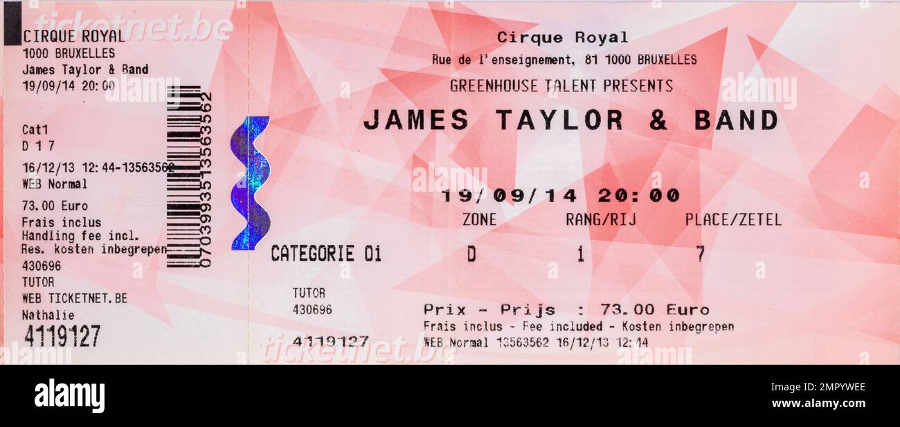 James Taylor & Band, Cirque Royal, Brüssel, 16. Dezember 2013, Concert Ticket Stubs, Musikkonzert-Erinnerungsstücke , Stockfoto