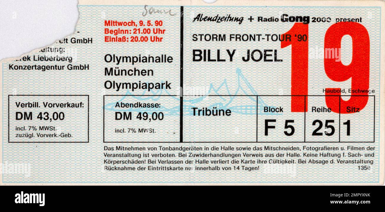 Billy Joel, 9. Mai 1990, München, Konzert Ticket Stubs, Musikkonzert Memorabilia, Stockfoto