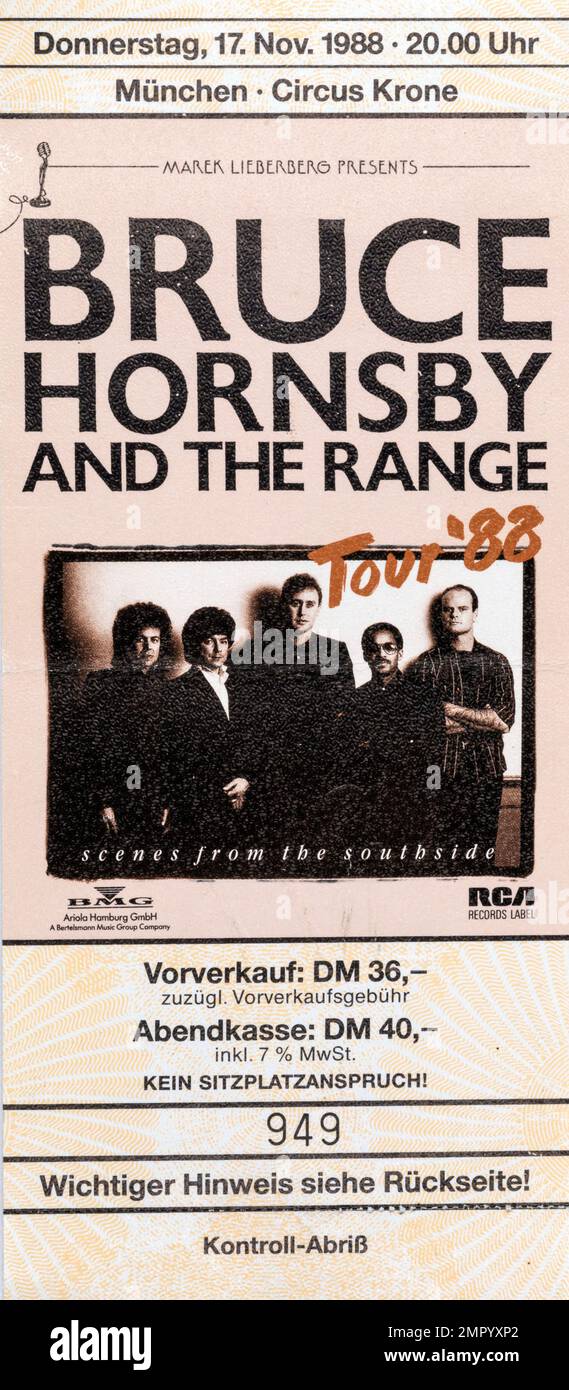 Bruce Hornsby and the Range, 17 November 1988, München, Concert Ticket Stubs, Musikkonzert Memorabilia, Stockfoto