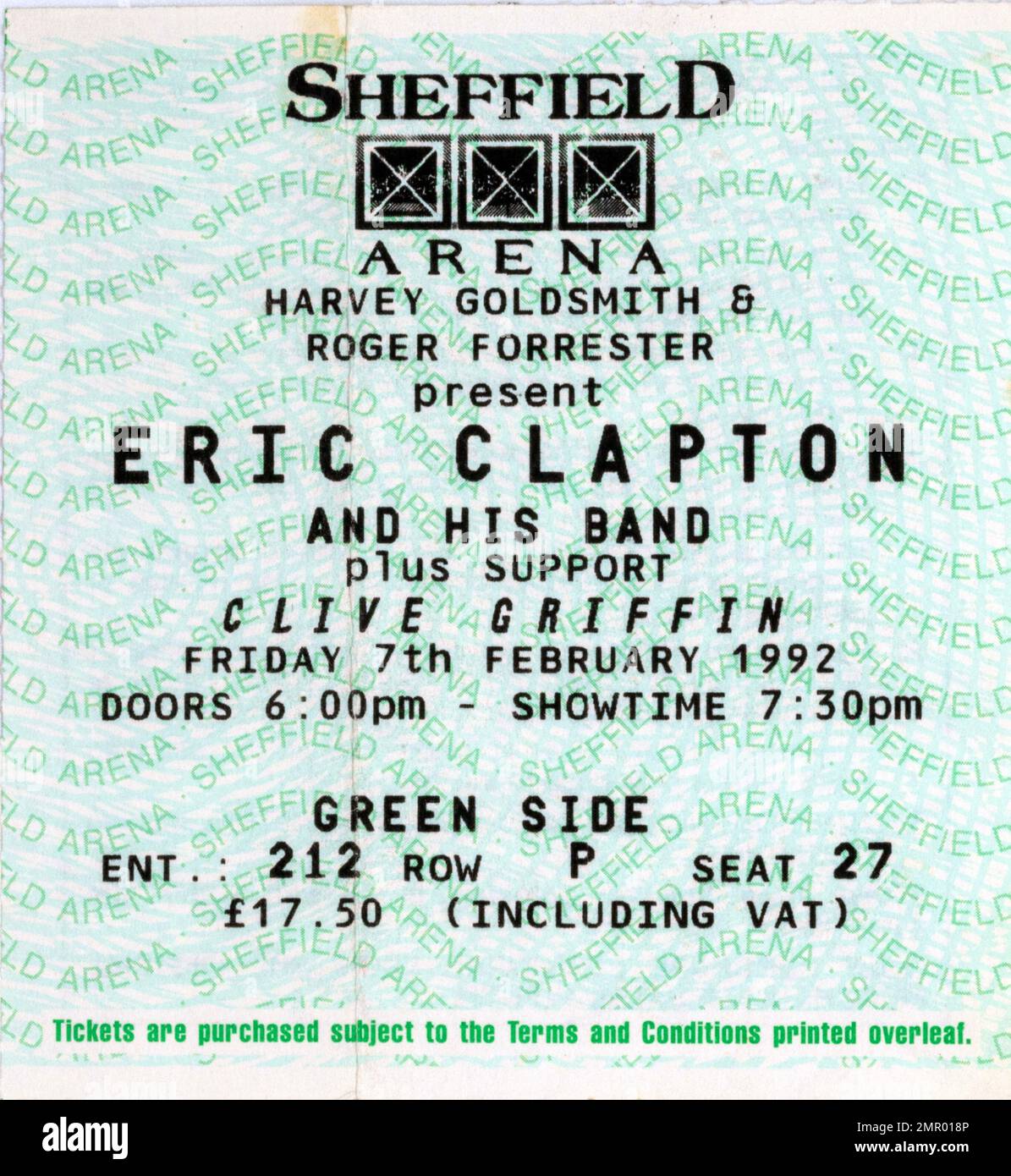 Eric Clapton und seine Band, Arena, 7. Februar 1992, Sheffield, Concert Ticket Stubs, Musikkonzert Memorabilia, Stockfoto