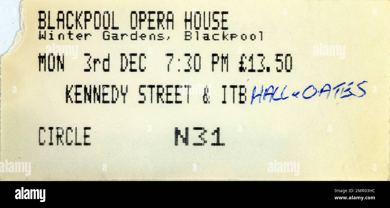 Blackpool Opera House, Hall & Oates, Konzertkarten Stubs, Erinnerungsstücke Für Musikkonzerte ,1990 3. Dezember Stockfoto