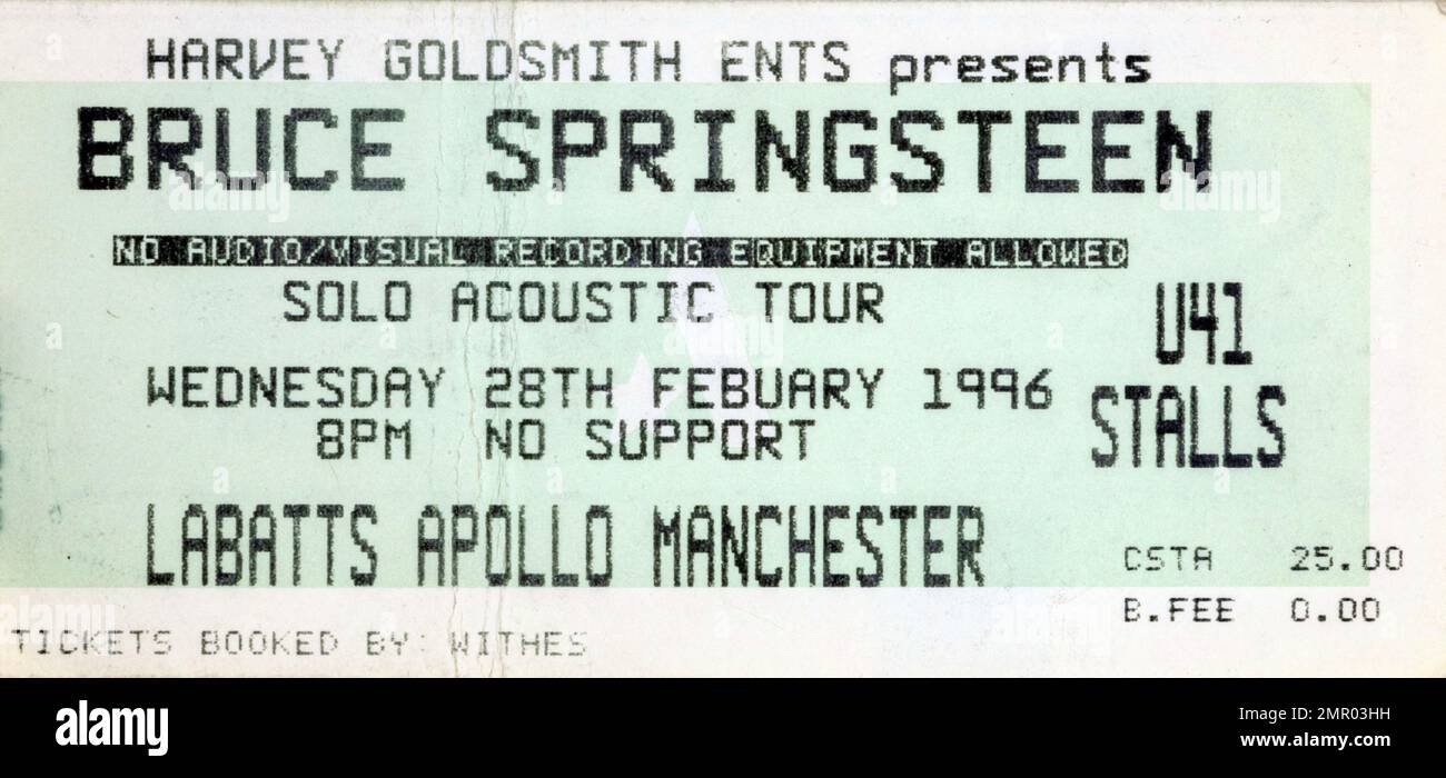 Bruce Springsteen Solo Acoustic Tour, 28. Februar 1996, Concert Ticket Stubs, Music Concert Memorabilia , Manchester, England, Großbritannien Stockfoto