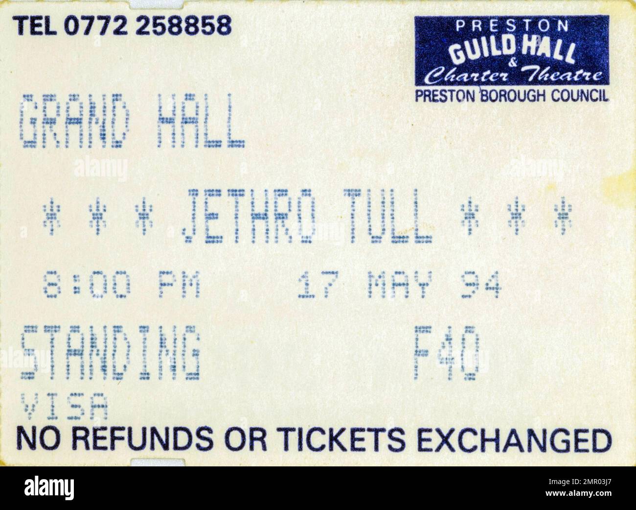 Jethro Tull, 17. Mai 1994, Preston Guildhall, Concert Ticket Stubs, Musikkonzert Memorabilia, Stockfoto