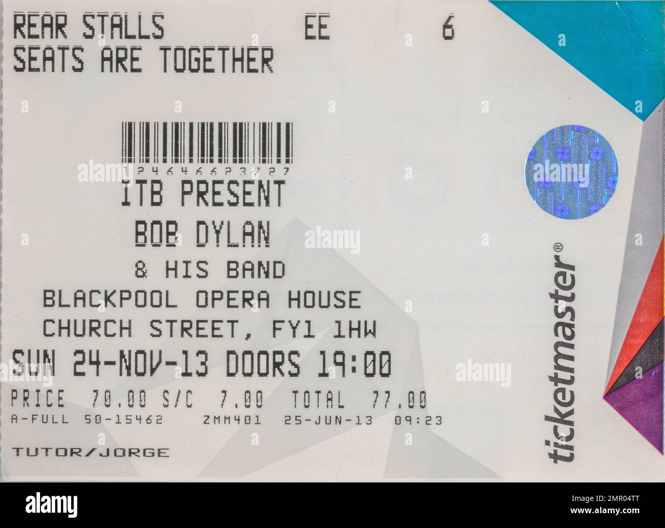 Blackpool Opera House, Bod Dylan, 24. November 2013, Concert Ticket Stubs, Musikkonzert Memorabilia, Stockfoto