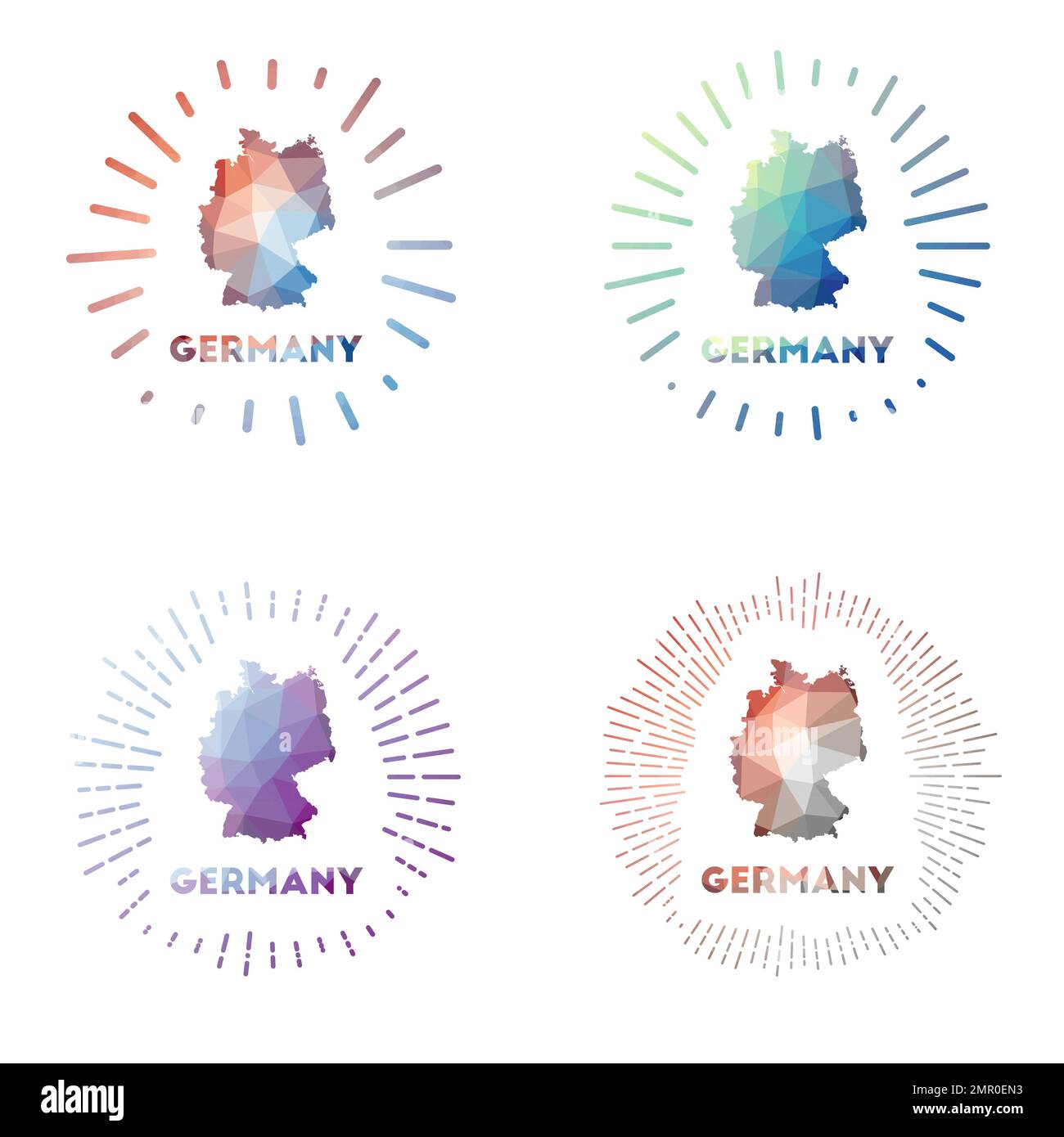 Deutschland Low Poly Sunburst Set. Logo des Landes im geometrischen Polygonstil. Vektordarstellung. Stock Vektor
