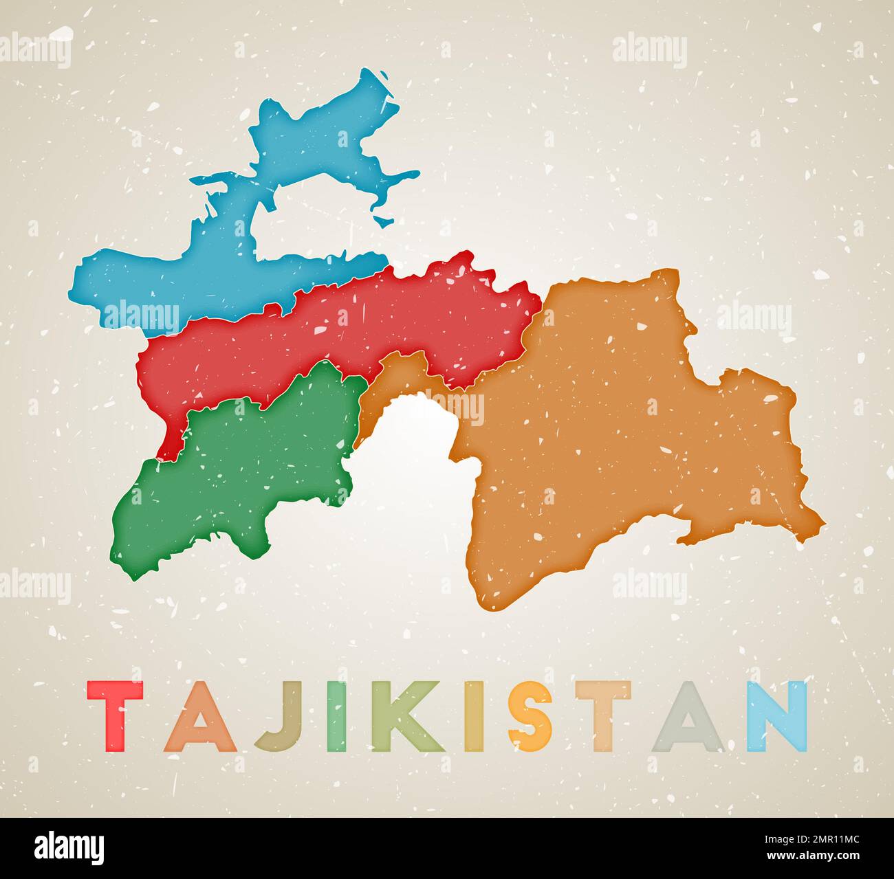 Tadschikistan-Karte. Länderposter mit farbigen Bereichen. Alte Grunge-Textur. Vektordarstellung Tadschikistans mit Ländername. Stock Vektor