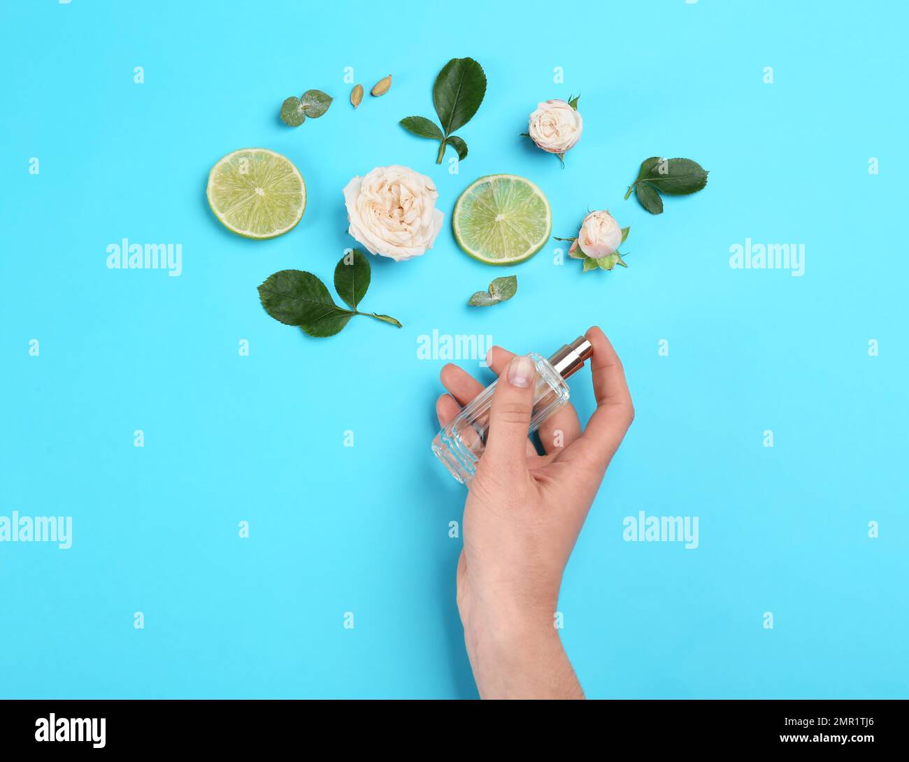 Draufsicht einer Frau, die Parfüm auf blauem Hintergrund besprüht, Blumen und Limette, die das Aroma repräsentieren Stockfoto