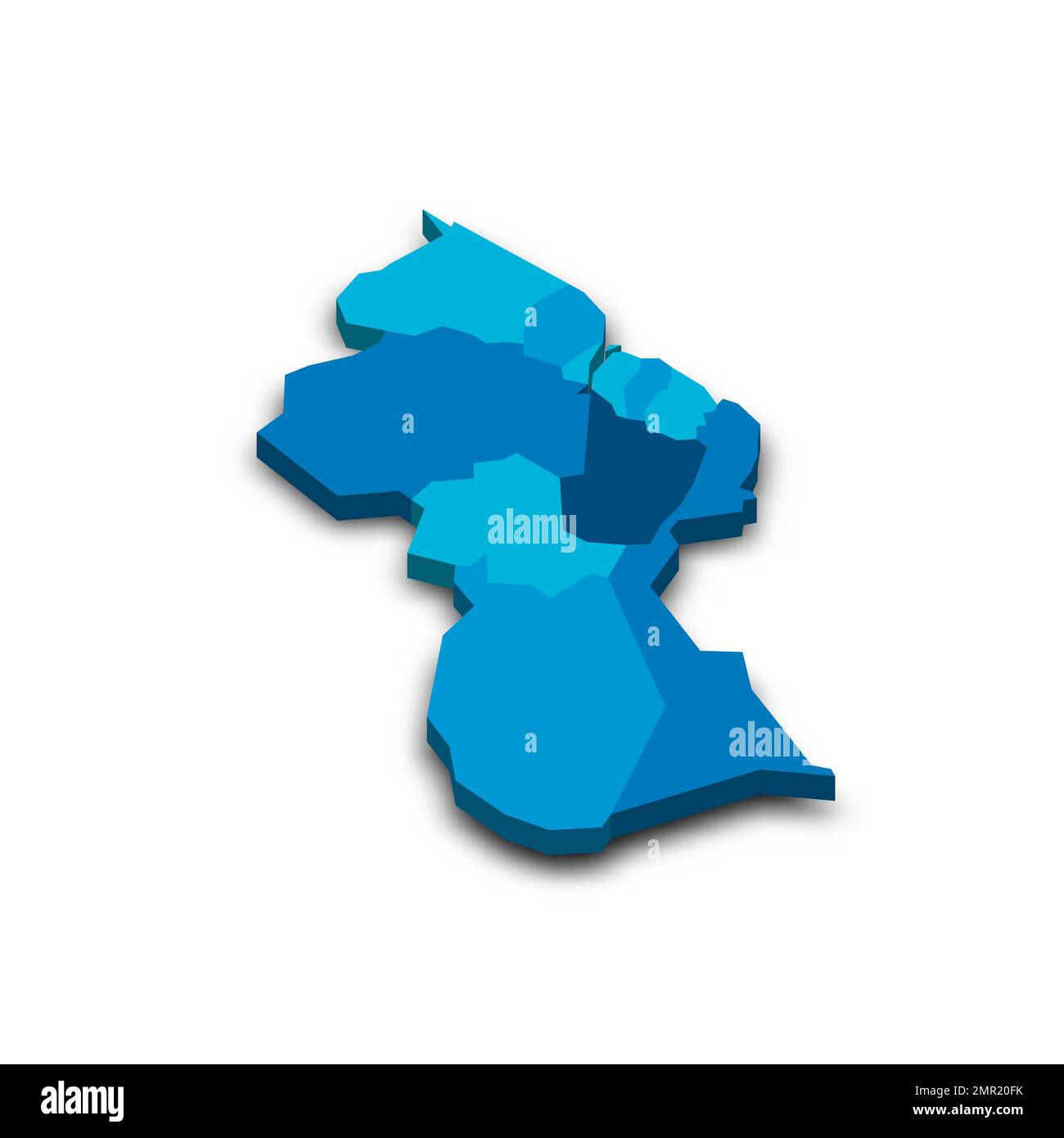 Politische Karte der Verwaltungsabteilungen - Regionen in Guyana. Blaue leere 3D-Vektorkarte mit Schlagschatten. Stock Vektor