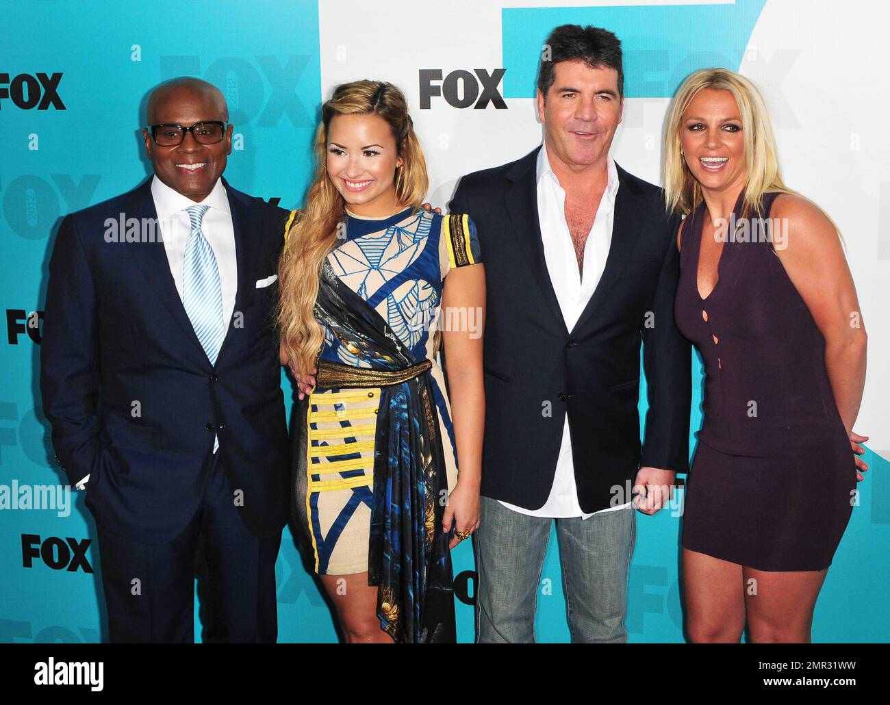 LA Reid, Demi Lovato, Simon Cowell und Britney Spears bei der Fox Upfront 2012 Programming Presentation in New York, New York, 14. Mai 2012. Stockfoto