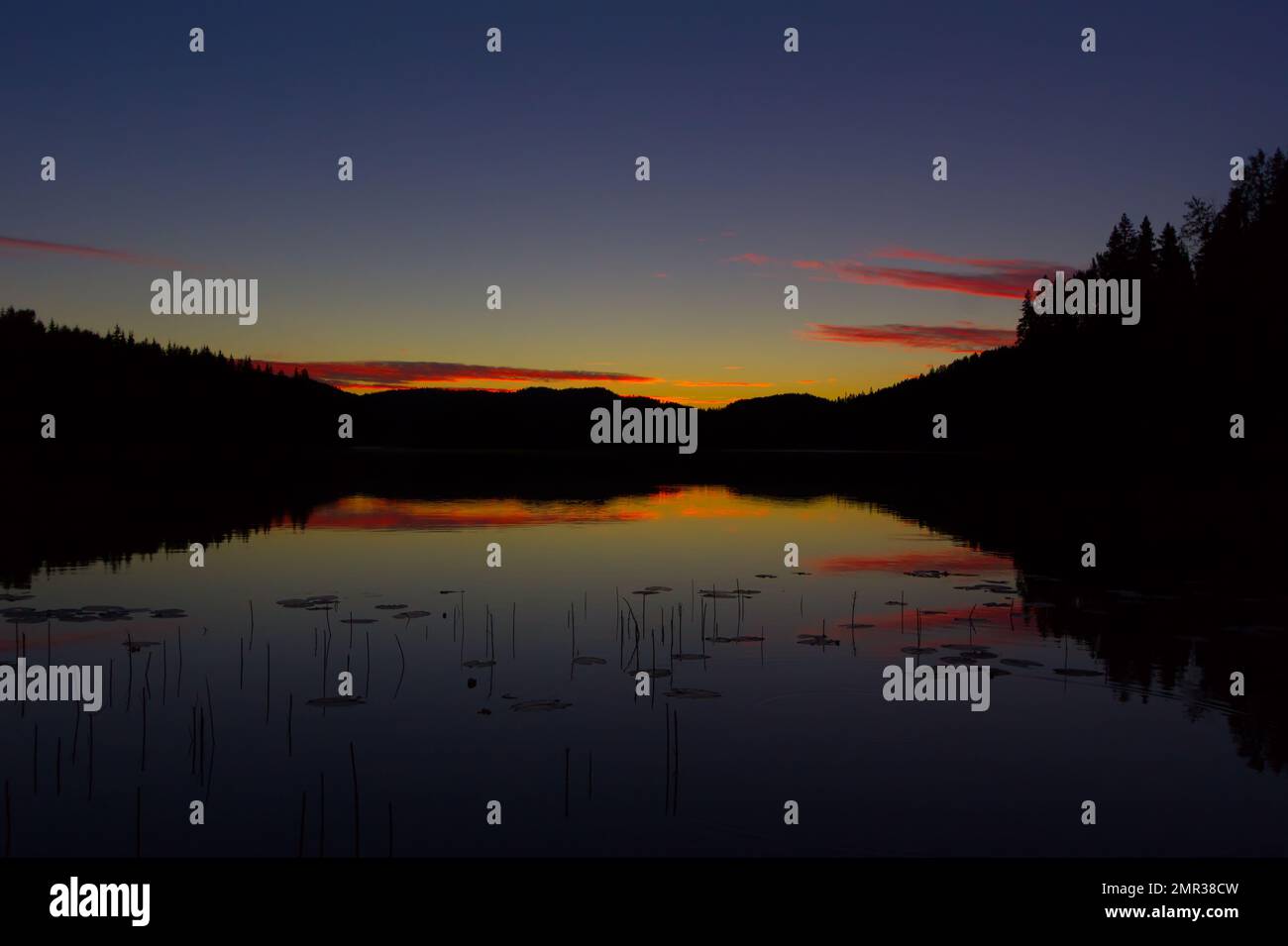 Malerischer Sonnenuntergang an einem ruhigen schwedischen See im Sommer Stockfoto