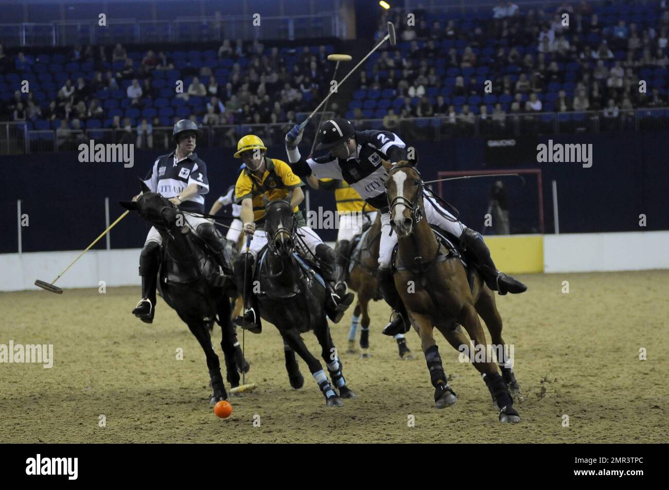 Internationale Teams treten beim Gaucho International Polo in der O2 Arena gegeneinander an. Die Veranstaltung ist das weltweit erste Hallenspiel für Polo-Turniere und umfasste England gegen Argentinien, Schottland gegen Südafrika und Oxford gegen Cambridge. Zu der Veranstaltung gehörte auch ein Prominentenspiel mit Liz McClarnon und Charlotte Christodoulou gegen Kenny Logan und Mike Bushnell. London, Großbritannien. 2/24/11. Stockfoto