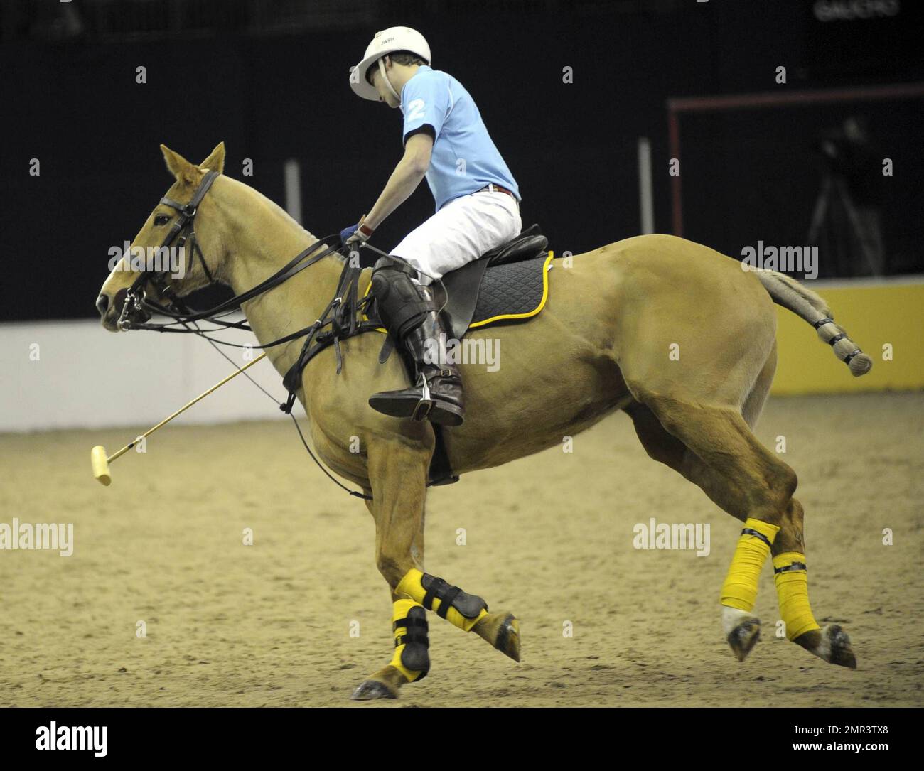 Internationale Teams treten beim Gaucho International Polo in der O2 Arena gegeneinander an. Die Veranstaltung ist das weltweit erste Hallenspiel für Polo-Turniere und umfasste England gegen Argentinien, Schottland gegen Südafrika und Oxford gegen Cambridge. Zu der Veranstaltung gehörte auch ein Prominentenspiel mit Liz McClarnon und Charlotte Christodoulou gegen Kenny Logan und Mike Bushnell. London, Großbritannien. 2/24/11. Stockfoto