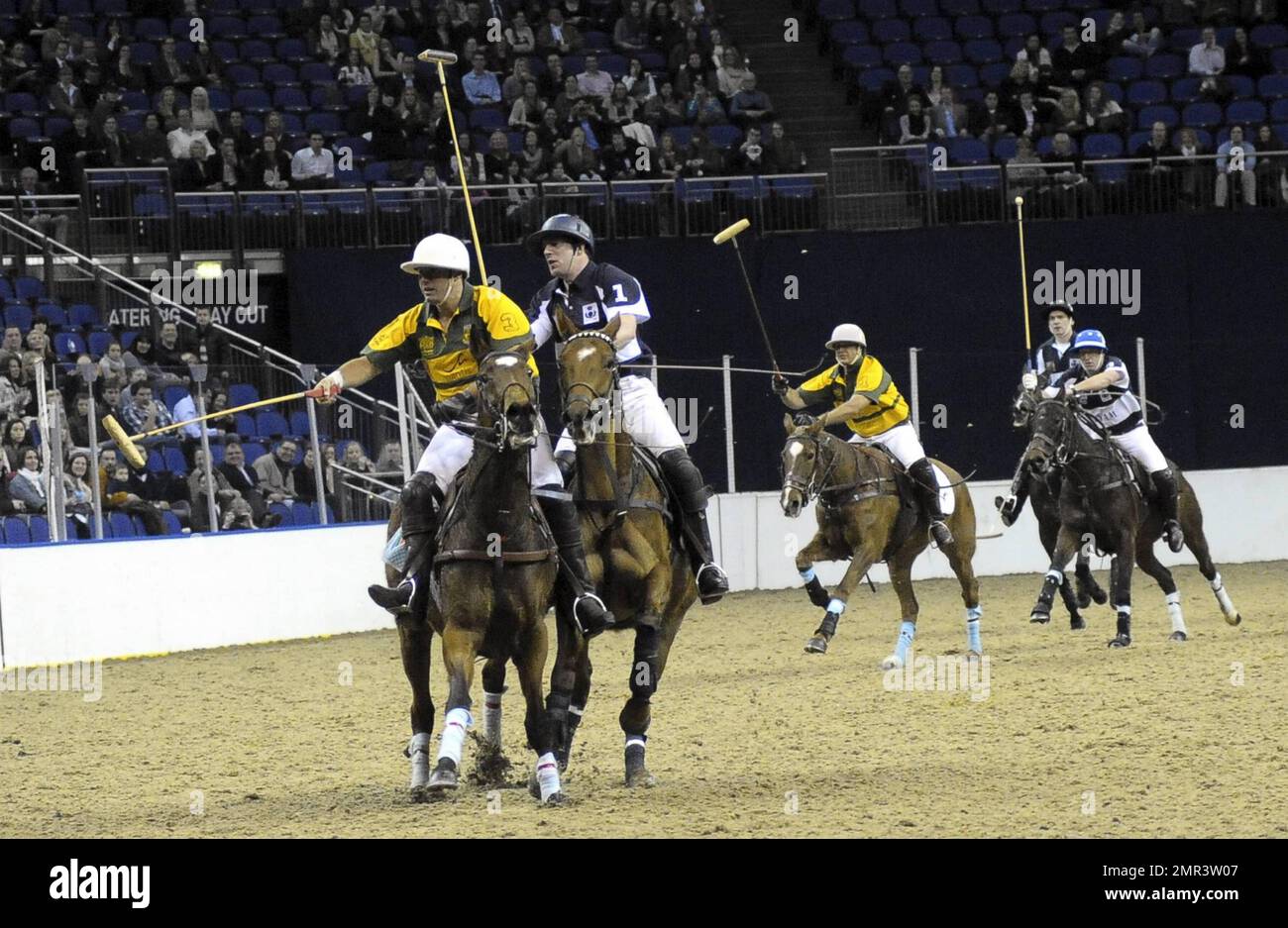 Internationale Teams treten beim Gaucho International Polo in der O2 Arena gegeneinander an. Die Veranstaltung ist das weltweit erste Hallenspiel für Polo-Turniere und umfasste England gegen Argentinien, Schottland gegen Südafrika und Oxford gegen Cambridge. Zu der Veranstaltung gehörte auch ein Prominentenspiel mit Liz McClarnon und Charlotte Christodoulou gegen Kenny Logan und Mike Bushnell. London, Großbritannien. 2/24/11. Stockfoto