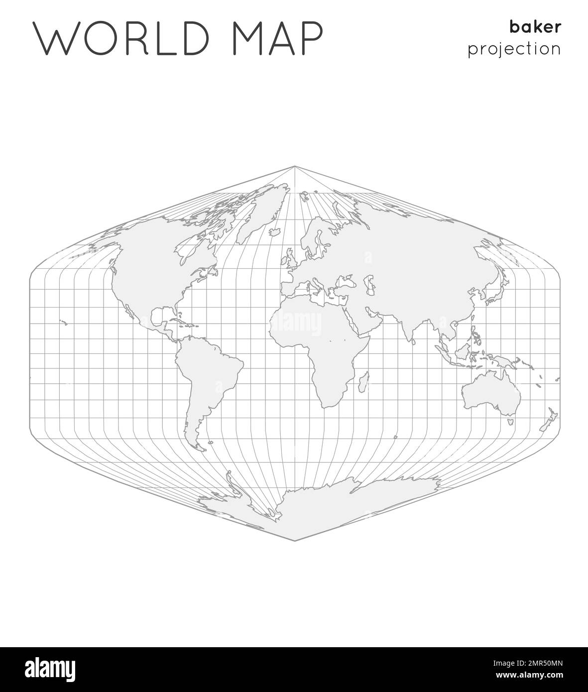Weltkarte. Globus in Baker-Projektion, mit Gitterlinien-Stil. Vektorgrafik umreißen. Stock Vektor