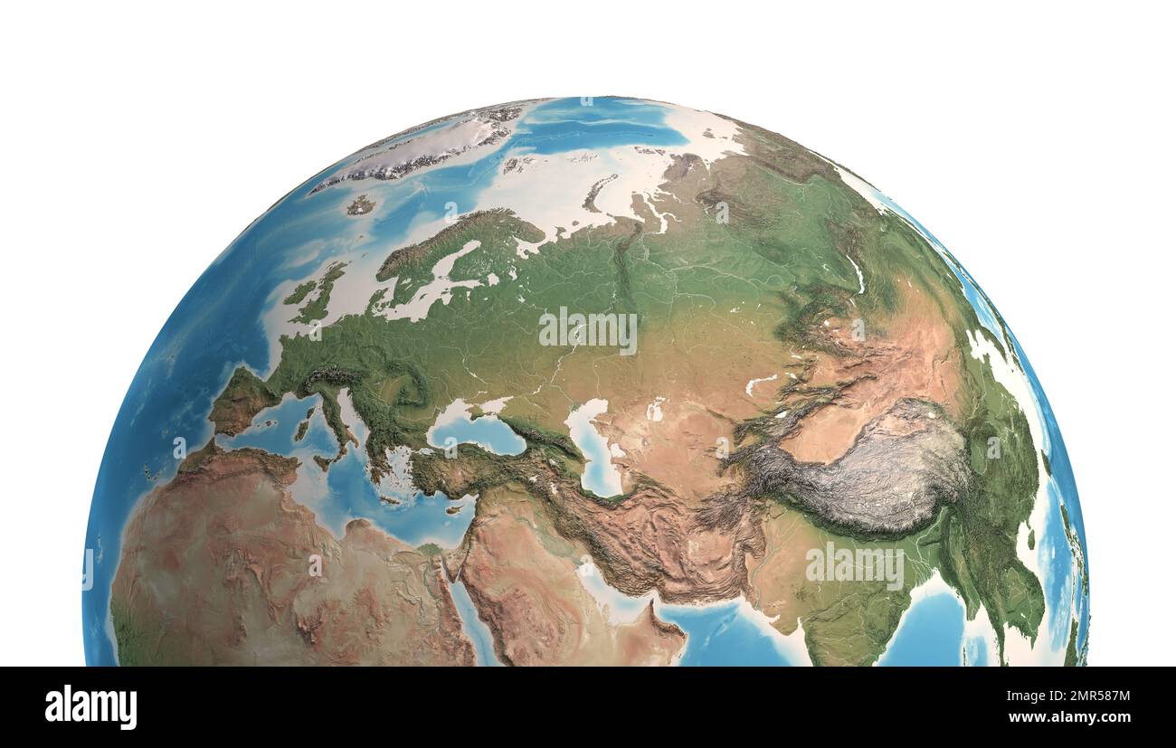 Hochauflösende Satellitenansicht des Planeten Erde mit Fokus auf Eurasien, Europa und Asien - 3D-Darstellung, Elemente dieses Bildes bereitgestellt von der NASA Stockfoto