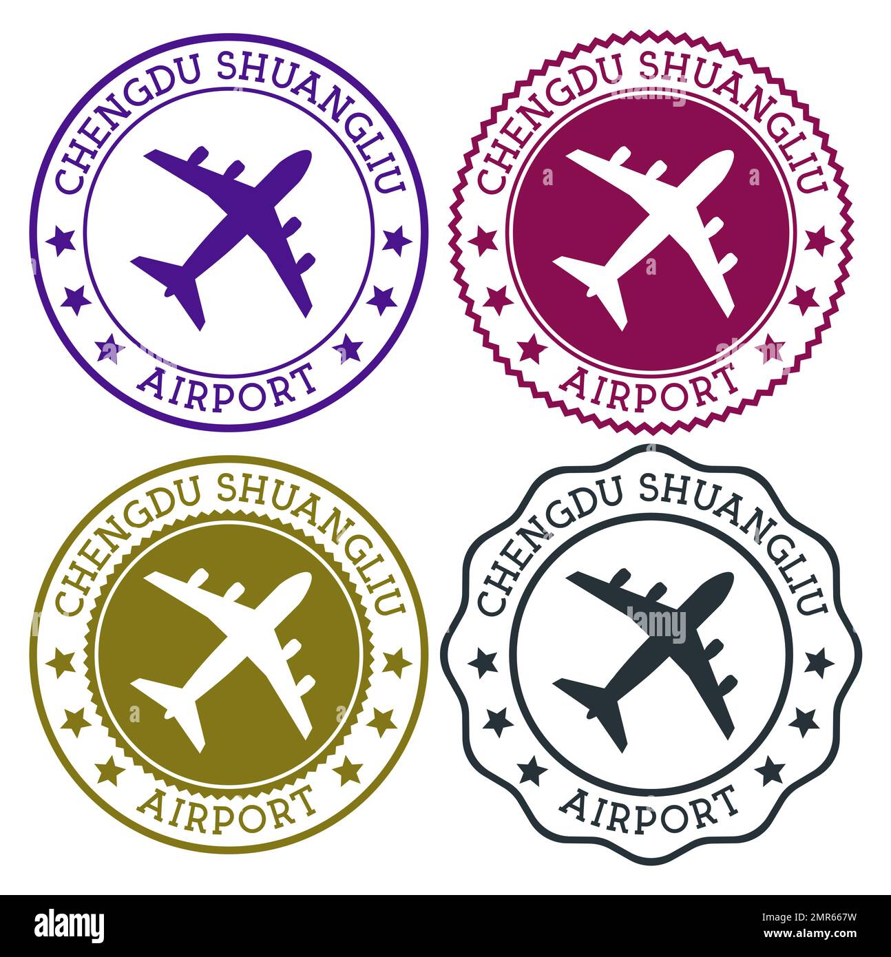 Flughafen Chengdu Shuangliu. Logo des Flughafens Chengdu. Flache Stempel in der Materialfarbpalette. Vektordarstellung. Stock Vektor