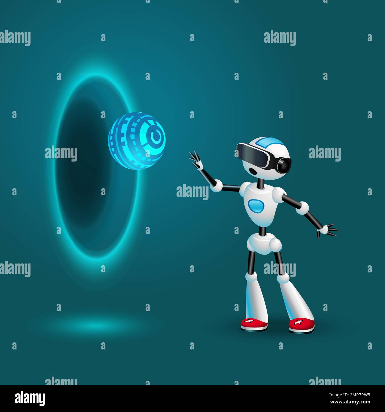 Roboter in VR-Headset, Portal und kugelförmigem HUD Stock Vektor