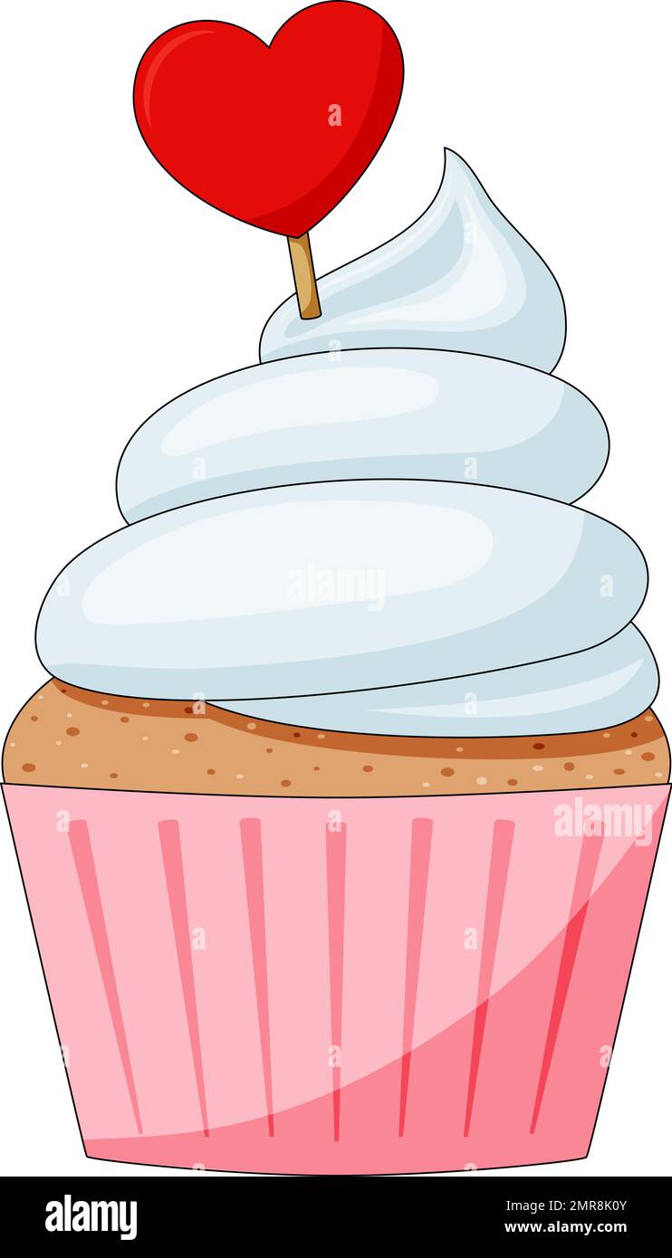 Süßer Cupcake mit abwischter Sahne und rotem Herz Stock Vektor