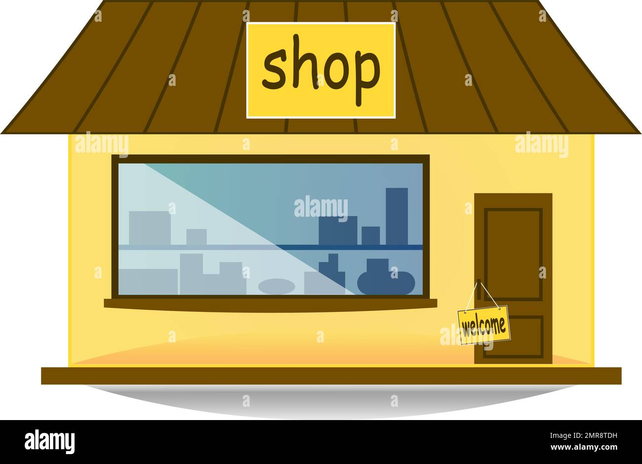 24-Stunden-Geschäft mit Blick auf das Ladengebäude mit Vorzeigeeingang und Beschriftungen auf dem Schild Stock Vektor