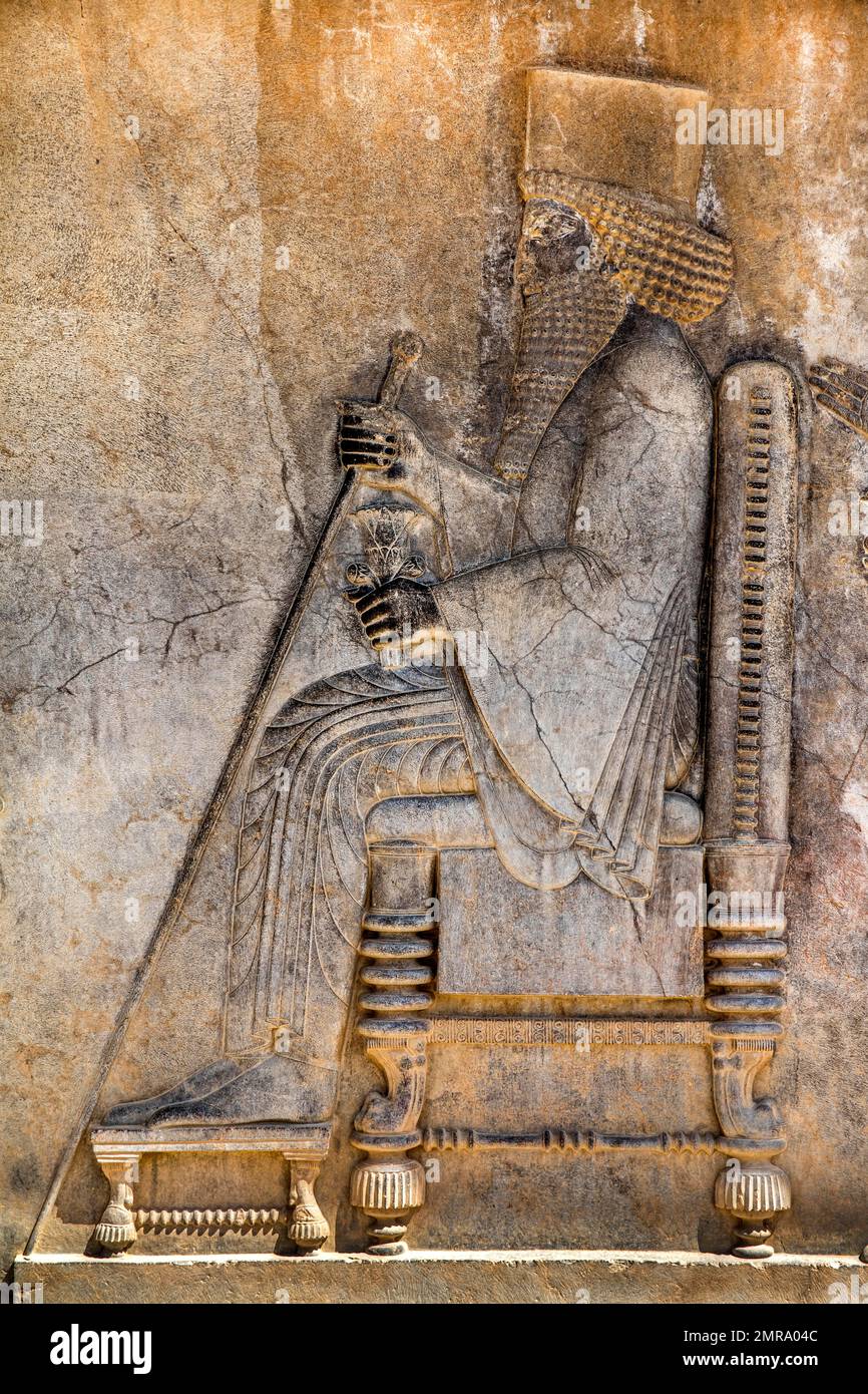 Die Befreiung von König Darius unter einem Dach, Persepolis, Persepolis, Iran, Asien Stockfoto Die Befreiung von König Darius unter einem Dach, Persepolis, Persepolis, Iran, Asien Stockfoto