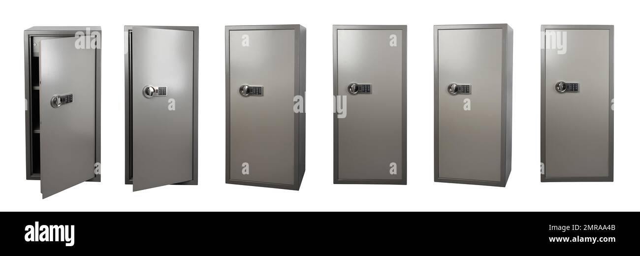 Satz Stahlsafes auf weißem Hintergrund. Bannerdesign Stockfoto