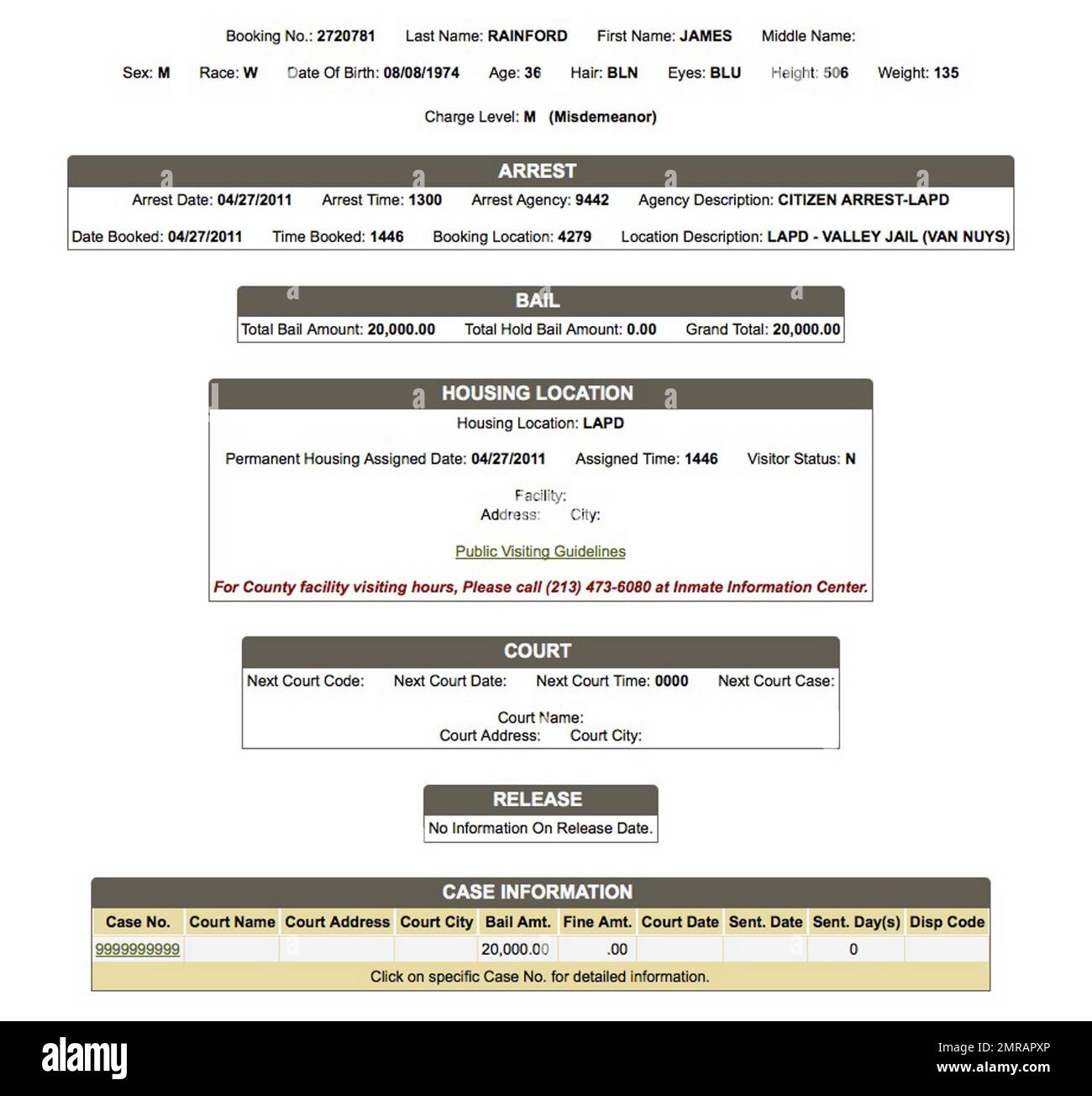 Das sind die Buchungsinformationen vom Los Angeles Sheriff's Department für James Rainford. Rainford wird auf $20.000 Kaution festgehalten, nachdem er angeblich Paris Hilton Freund Cy Waits angegriffen hat, als die beiden gestern von einem Parkhaus zum Los Angeles Superior Court gelaufen sind. Paris war im Gerichtsgebäude, um gegen Nathan Parada auszusagen, der angeblich letzten Sommer versucht hat, in ihr Haus einzubrechen. Rainford, der vom Sicherheitsteam des Paares ausgeschaltet und später von Sheriffs Deputies weggeführt wurde, behauptete angeblich, Hilton' Vater hätte die Erlaubnis, sie zu „beerdigen“. Er wurde vorher verhaftet Stockfoto