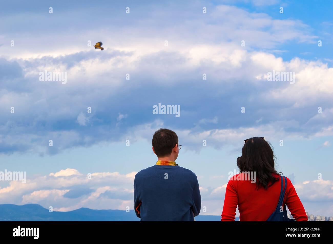 Ein Mann und eine Frau, die den wunderschönen blauen Himmel mit flauschigen Wolken von hinten betrachten Stockfoto