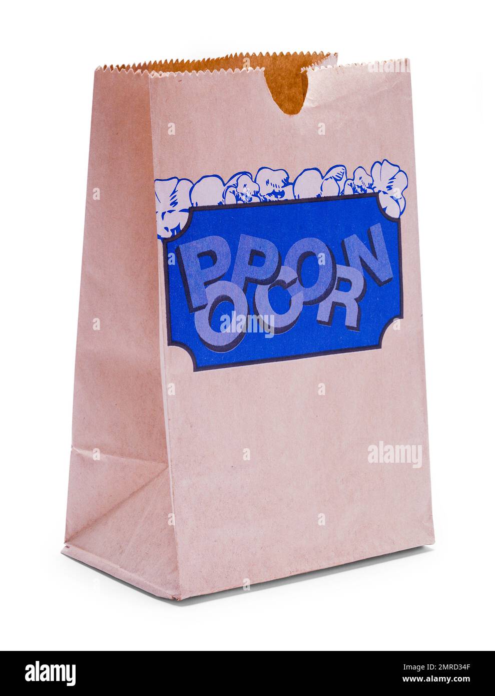 Öffnen Sie Popcorn Bag Cut Out on White. Stockfoto