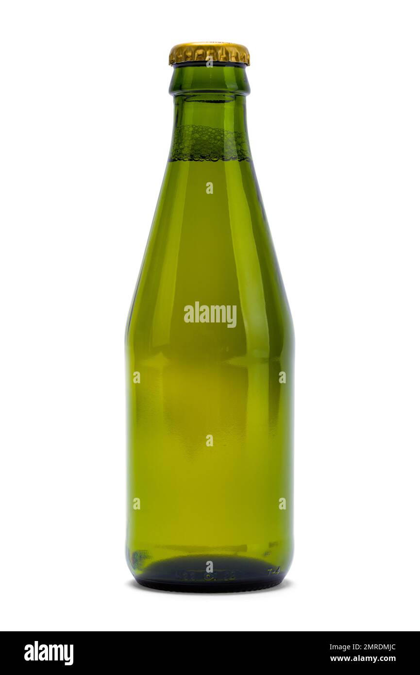 Grüne Glasflasche mit Deckel und Ausschnitt auf weißer Vorderansicht. Stockfoto