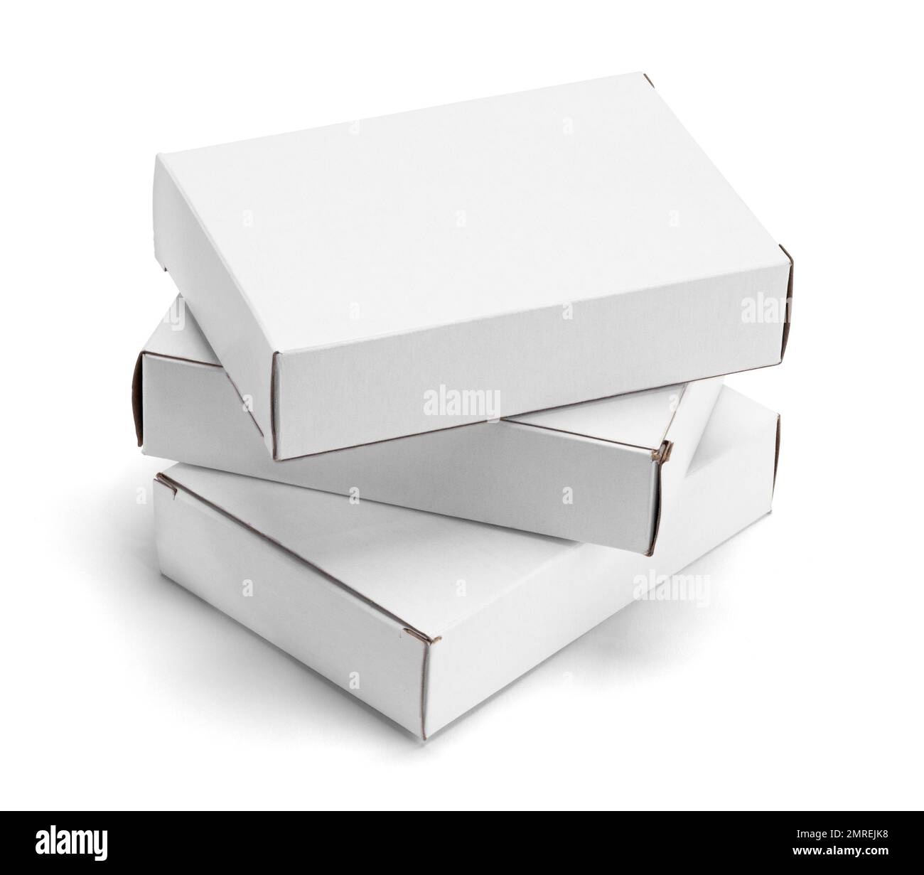 Drei Kleine Weiße Kartons, Gestapelt, Ausgeschnitten. Stockfoto