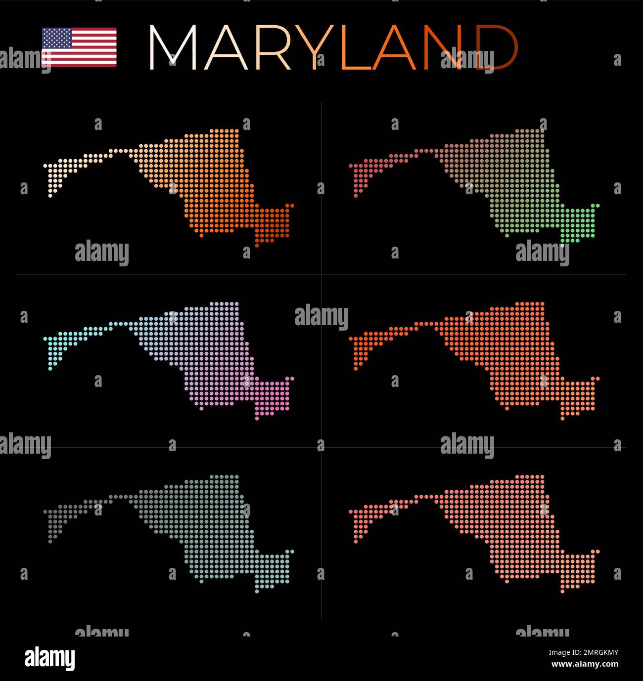 Maryland gepunktete Karten. Karte von Maryland im gepunkteten Stil. Grenzen des US-Bundesstaates mit schönen glatten Gradientenkreisen. Stock Vektor