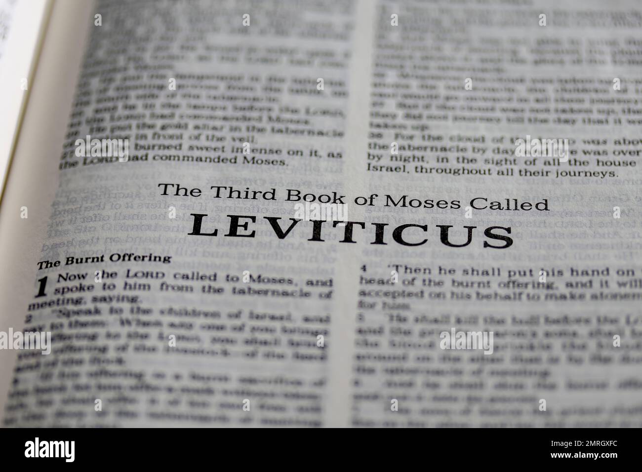 Eine Nahaufnahme der offenen Seite mit dem dritten Buch moses namens leviticus Text Stockfoto