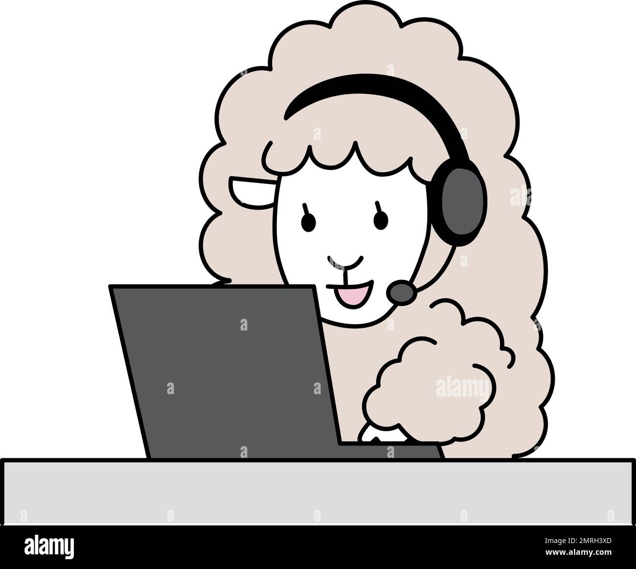 Das Schaf erhält den Anruf auf dem Laptop. Schafe, die Telearbeit machen. Humorvolle Tierbilder. Stock Vektor