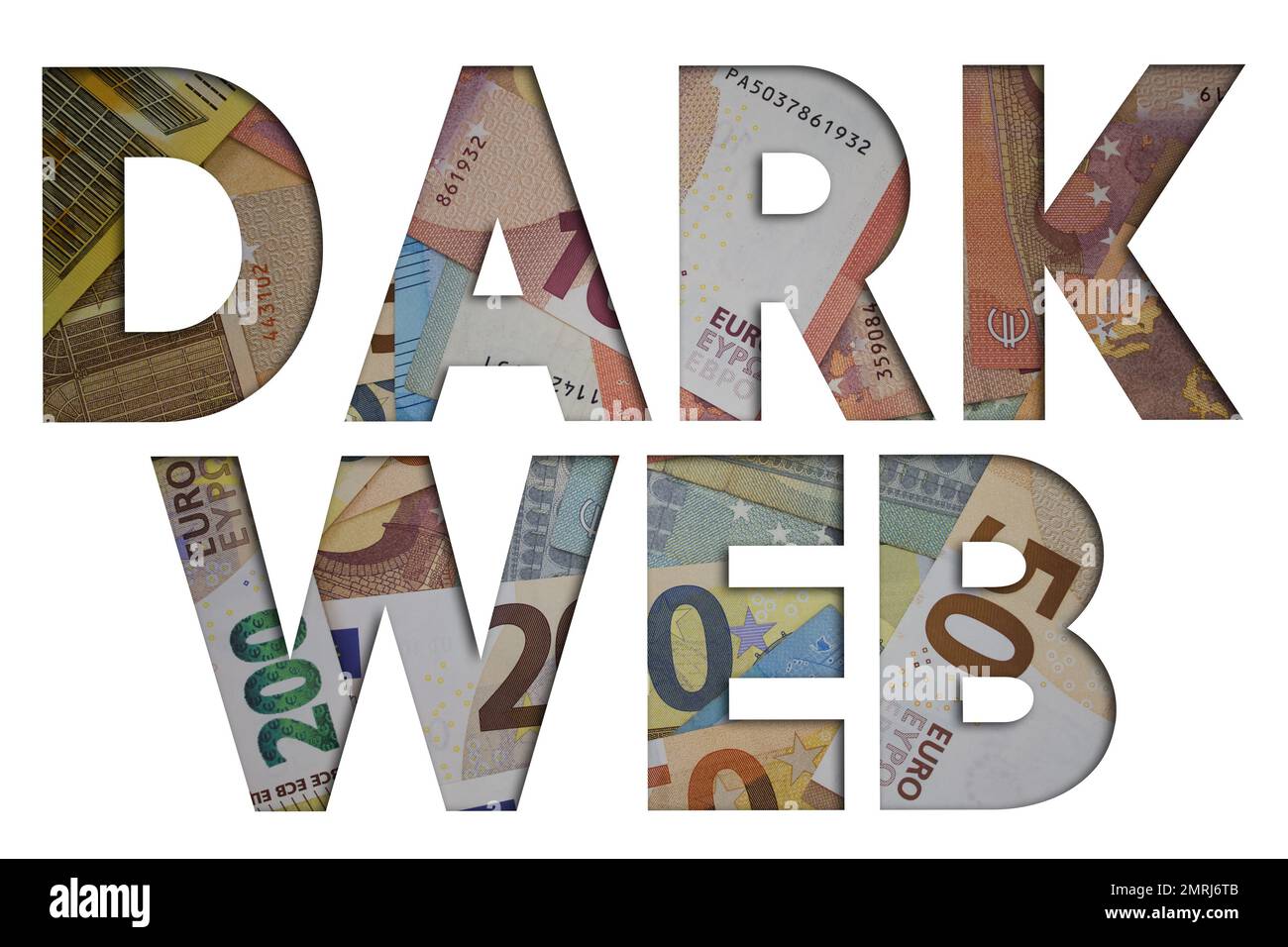 Dunkles Web-Wort mit Geld. Papierwährungshintergrund mit verschiedenen Banknoten. Stockfoto