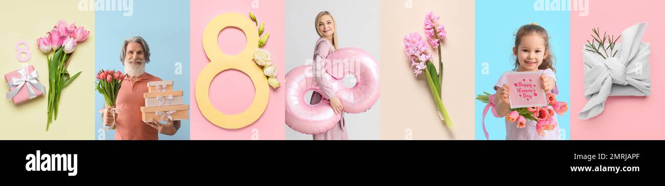 Romantische Collage zur Feier des Internationalen Frauentags auf farbigem Hintergrund Stockfoto