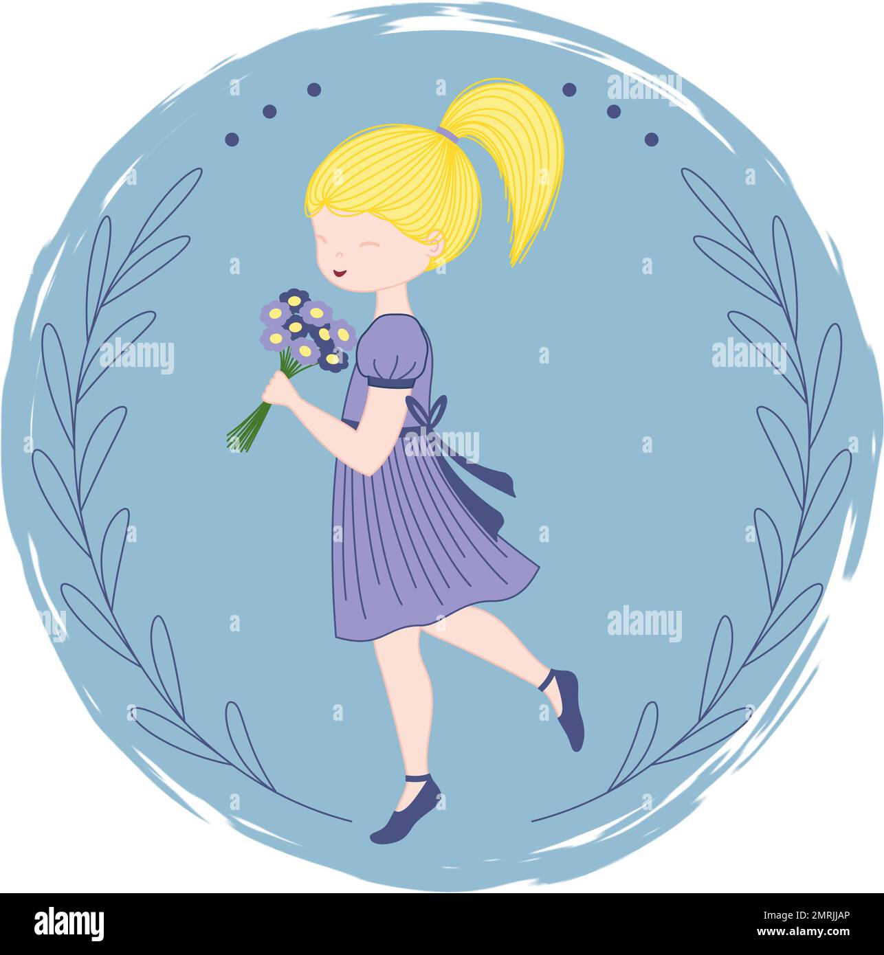 Kleines Mädchen mit Blumenstrauß mit hellblauem rundem Hintergrund Stock Vektor