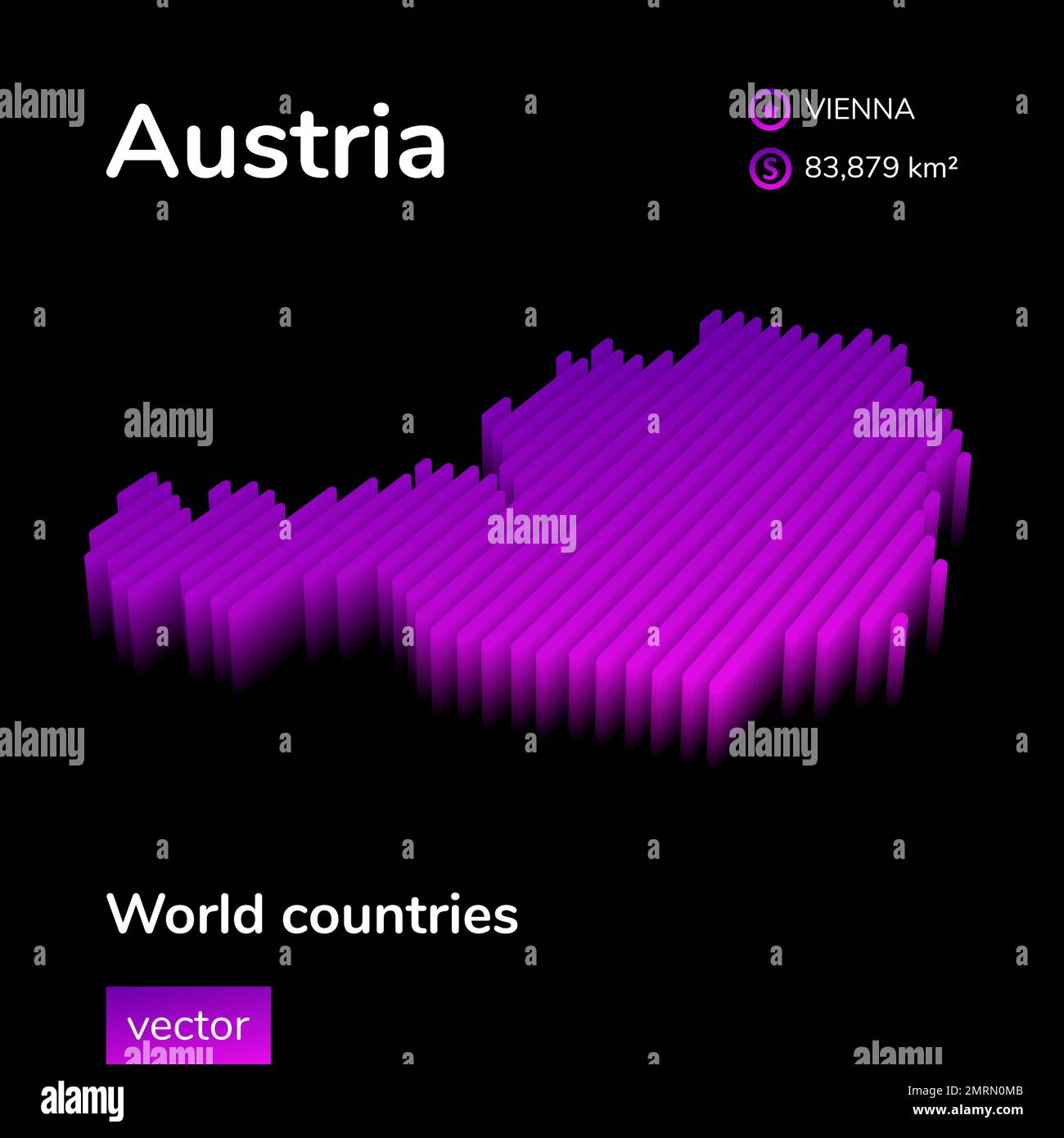 Stilisierte Neon-Digitalkarte mit isometrischem Streifenvektor Österreich mit 3D-Effekt. Die Karte von Österreich ist in violetten und rosafarbenen Farben auf schwarzem Hintergrund gehalten Stock Vektor