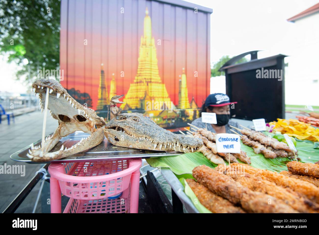 Bangkok, Thailand-Dezember 09 2022: Ein Krokodilfleisch, Straßenverkäufer zeigt zwei getrocknete Krokodilköpfe, Münder agape, mit scharfen Zähnen, neben verschiedenen Vorbereitungen Stockfoto