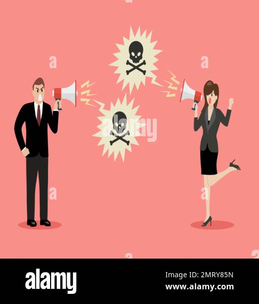 Geschäftsmann und Frau schreien sich mit Megafonen ein giftiges Wort an. Geschäftskonzept. vektordarstellung Stock Vektor