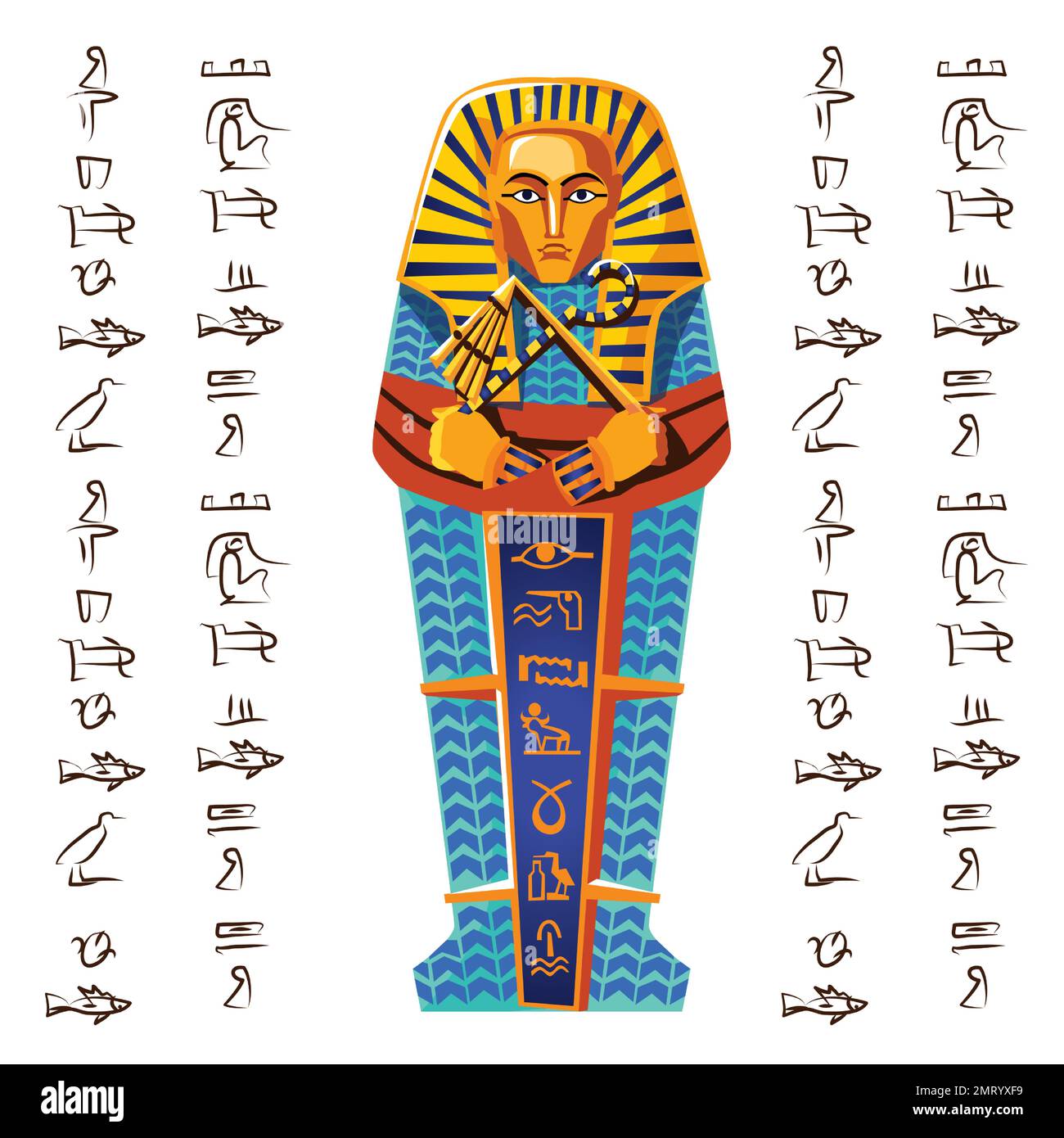 Alte ägyptische Vektorgrafik. Ägyptisches Kultursymbol, goldener oder Stein pharao Sarkophag mit Hieroglyphen, Teil eines religiösen Kult der Toten, isoliert auf weißem Hintergrund, Draufsicht Stock Vektor