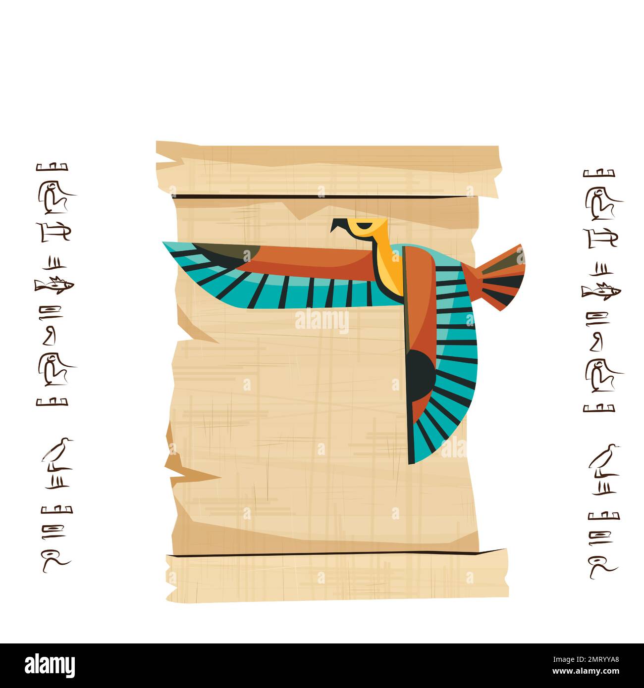 Alte ägyptische Papyrus-Schriftrolle mit fliegender Vogelfigur Cartoon-Vektordarstellung. Ägyptisches Kultursymbol, leeres, entfaltetes antikes Papier, fliegender Falke und Hieroglyphen, isoliert auf Weiß Stock Vektor