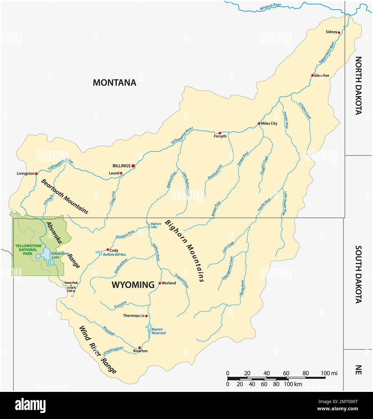Vektorkarte des Yellowstone Riverbasin in Montana und Wyoming, USA Stockfoto