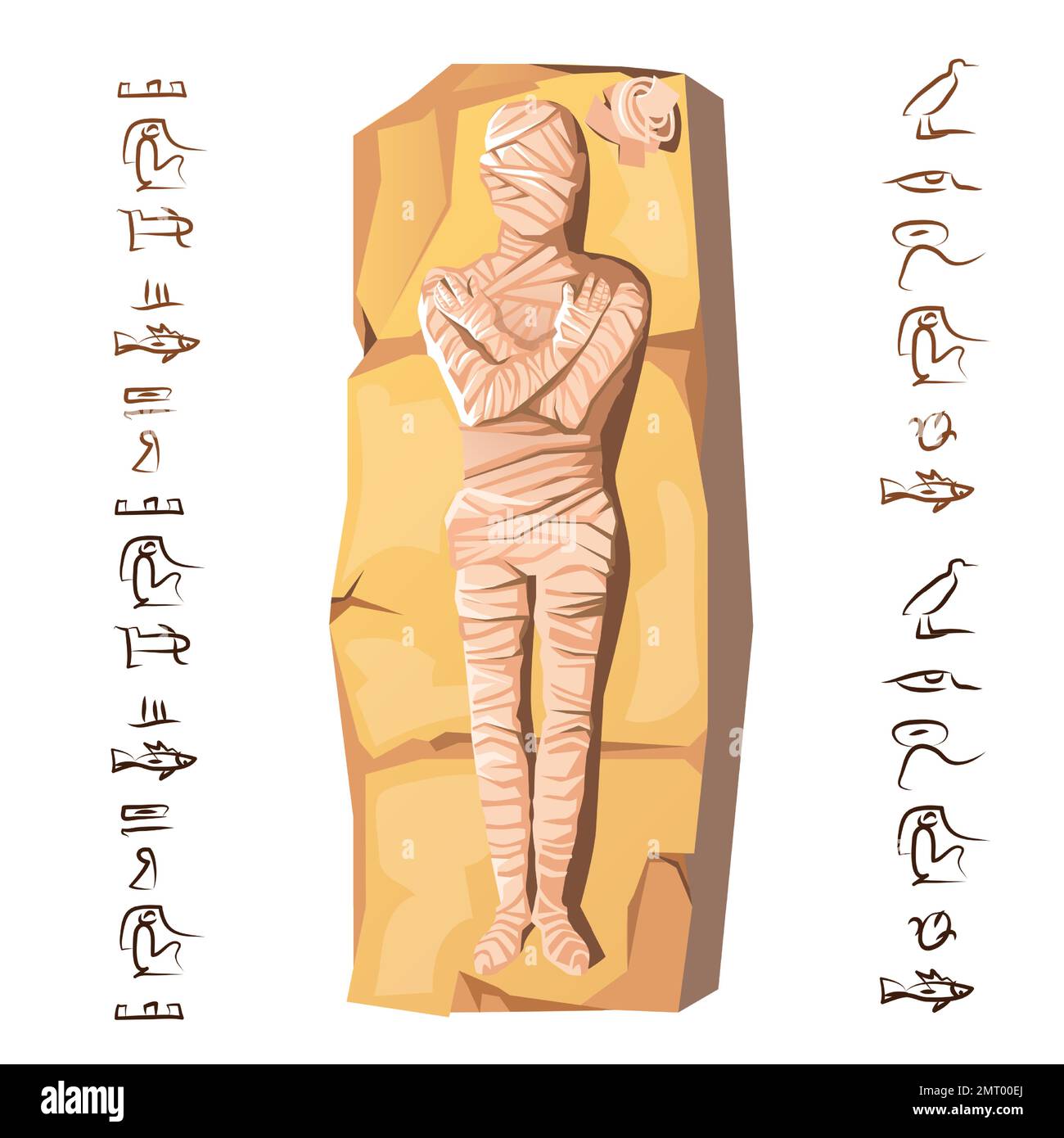 Mummy Creation Cartoon-Vektordarstellung. Mumifizierungsprozess, Einbalsamierung von Toten, menschliche Leiche ist mit Leinen umhüllt, liegt auf Stein, neben Hieroglyphen Kult von Toten aus dem alten Ägypten Stock Vektor